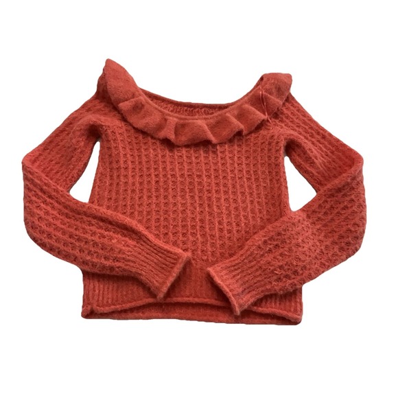 Anthropologie Ruffled Collar Knit Sweater Coral Red Textured Cute Top Y2K - Picture 2 of 9